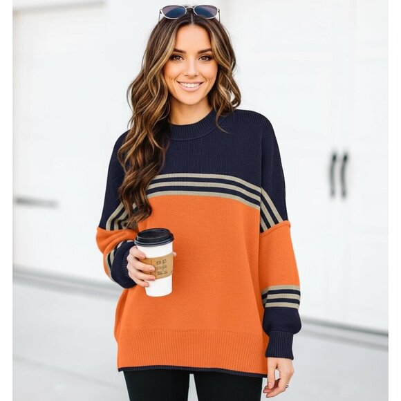 Women's Pumpkin Batwing Long Sleeve Crew Neck Striped Oversized Pullover Sweater - Picture 3 of 5